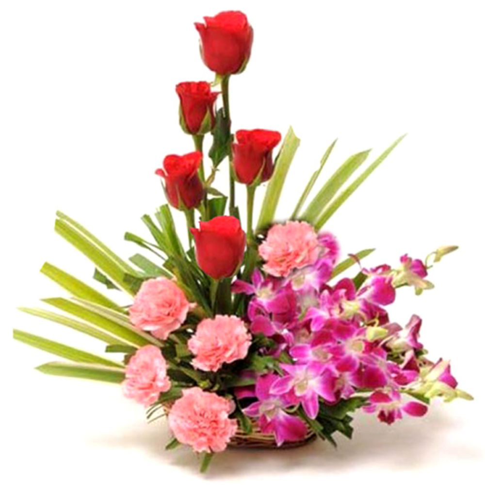  Basket of Orchids Pink Carnation and Red Roses