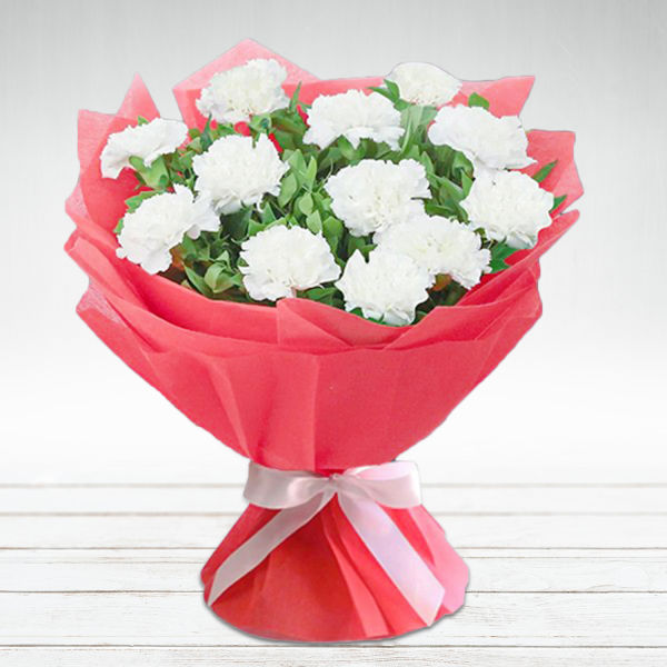  Lovely White Carnation In Red Wrapping