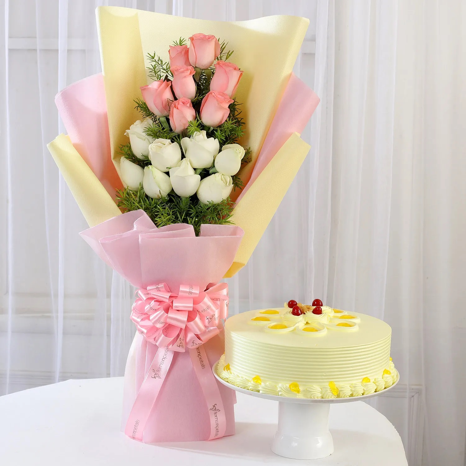  Pink & White Roses & Butterscotch Cake